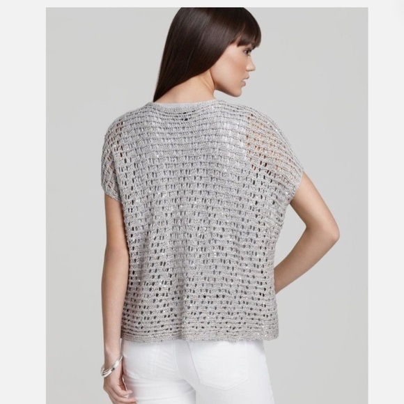 Eileen Fisher Sequin Chainmail Mesh Antique Silver Cap Slv Box Sweater Top XS - Picture 2 of 7